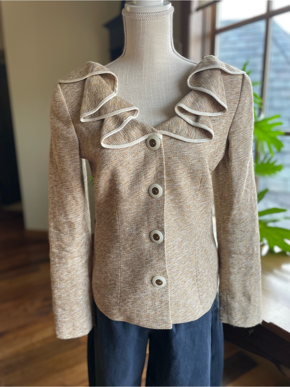 Women's Beige Ruffle Collar Tweed Jacket by